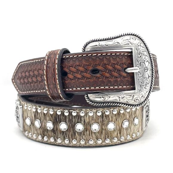 Nocona Brown Tooled Leather Belt Hair-On Cowhide Rhinestone Boho Western Size 28